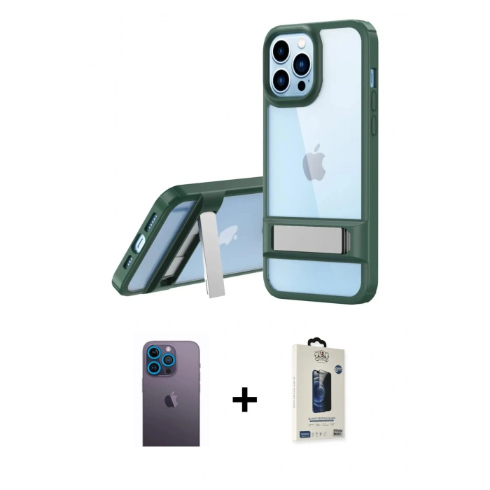 MARSİLYAN™- iPhone 13 Pro Max Kılıf Yadigar Yansıma - Siyah Bilvis Hayalet Cam Ekran Koruyucu + Neon Fosforlu Kamera Lens - MI