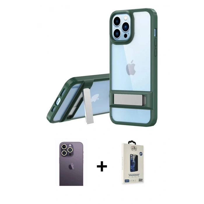 MARSİLYAN™- iPhone 13 Pro Max Kılıf Yadigar Yansıma - Siyah Bilvis Hayalet Cam Ekran Koruyucu + Neon Fosforlu Kamera Lens - BZ