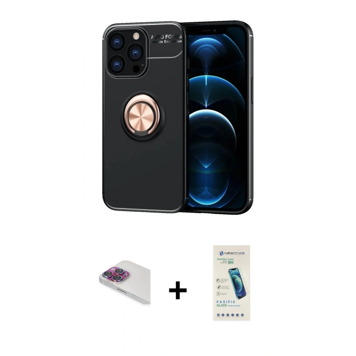 MARSİLYAN™- iPhone 13 Pro Max Kılıf Yankı Form Prime - Şeffaf Pasifik Cam Ekran Koruyucu + Gökkuşağı Pers Alüminyum Kamera Lens