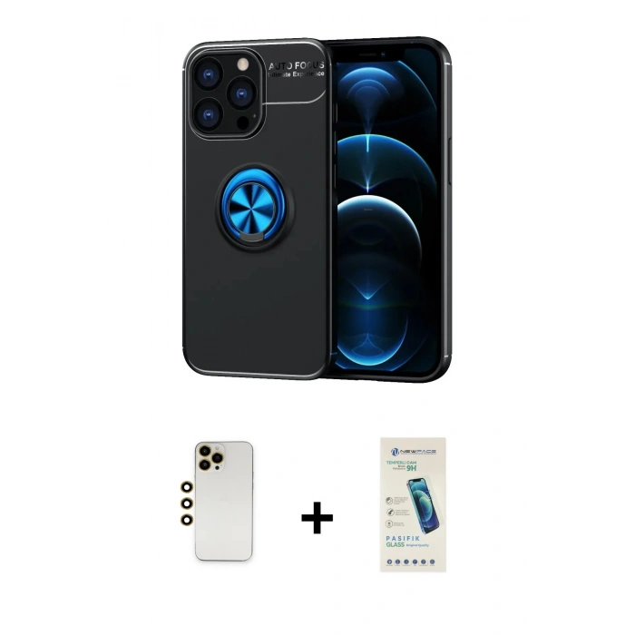 MARSİLYAN™- iPhone 13 Pro Max Kılıf Yankı Form Prime - Şeffaf Pasifik Cam Ekran Koruyucu + Gold Shine Kamera Lens