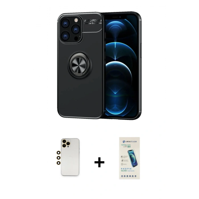 MARSİLYAN™- iPhone 13 Pro Max Kılıf Yankı Form Prime - Şeffaf Pasifik Cam Ekran Koruyucu + Gold Shine Kamera Lens