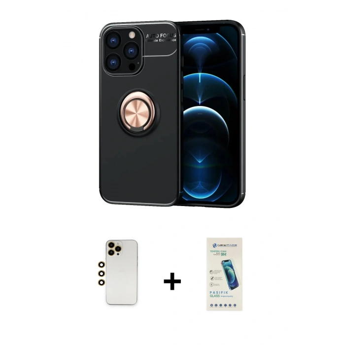 MARSİLYAN™- iPhone 13 Pro Max Kılıf Yankı Form Prime - Şeffaf Pasifik Cam Ekran Koruyucu + Gold Shine Kamera Lens