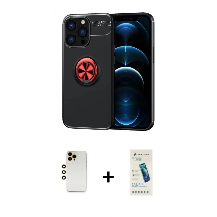 MARSİLYAN™- iPhone 13 Pro Max Kılıf Yankı Form Prime - Şeffaf Pasifik Cam Ekran Koruyucu + Gold Shine Kamera Lens