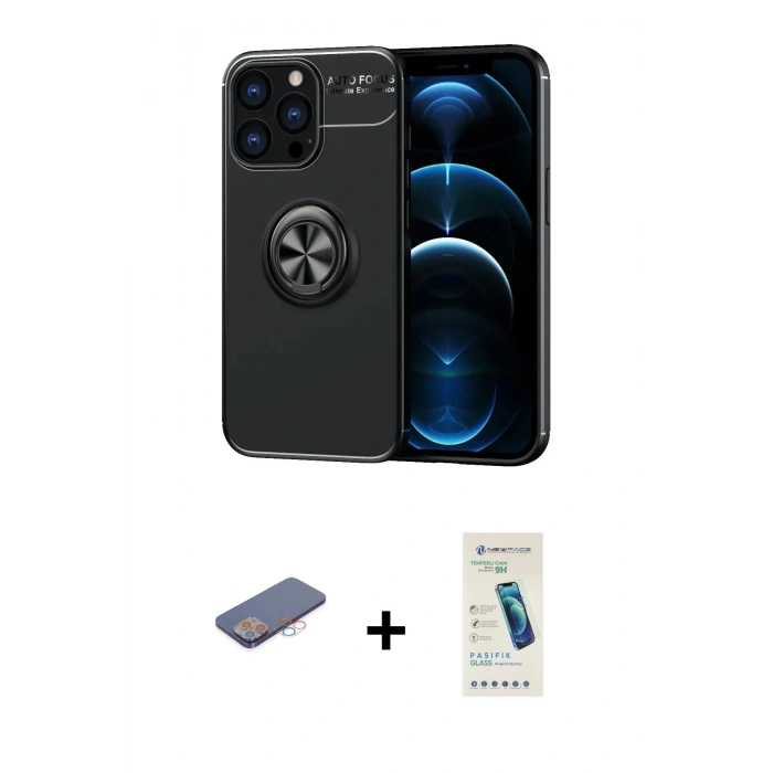 MARSİLYAN™- iPhone 13 Pro Max Kılıf Yankı Form Prime - Şeffaf Pasifik Cam Ekran Koruyucu + Renkli Kamera Lens Koruma Cam - PE