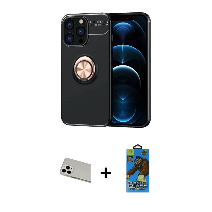 MARSİLYAN™- iPhone 13 Pro Max Kılıf Yankı Form Prime - Siyah 18D Cam Ekran Koruyucu + Rainbow Kamera Lens Koruma Cam - BZ