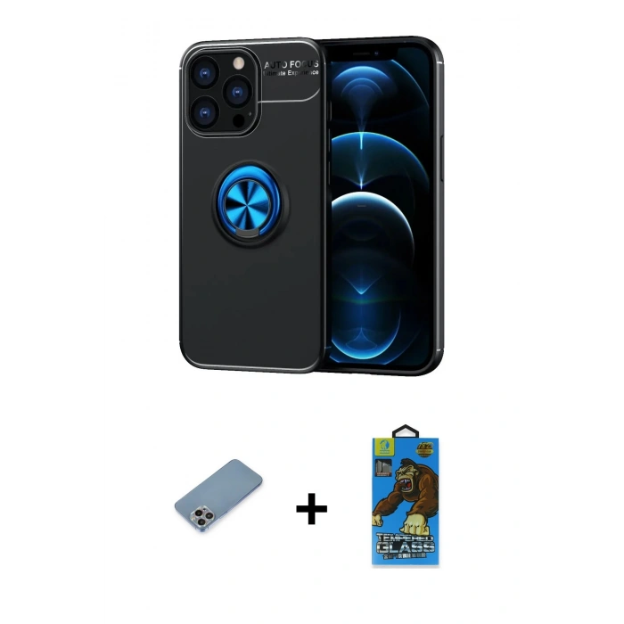 MARSİLYAN™- iPhone 13 Pro Max Kılıf Yankı Form Prime - Siyah 18D Cam Ekran Koruyucu + Gökkuşağı Shine Kamera Lens Koruma Cam