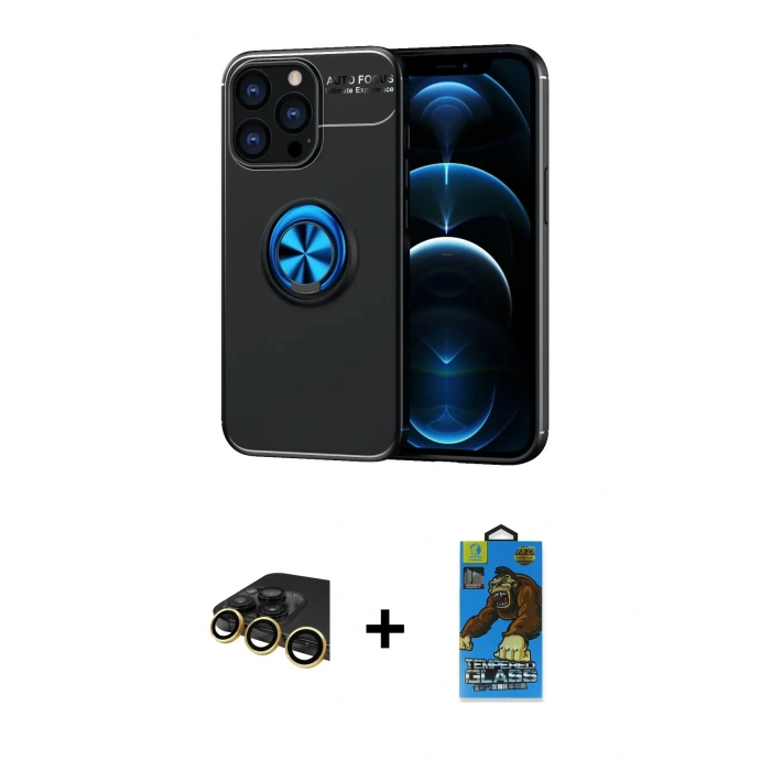 MARSİLYAN™- iPhone 13 Pro Max Kılıf Yankı Form Prime - Siyah 18D Cam Ekran Koruyucu + Raze Metal Kamera Lens - GD