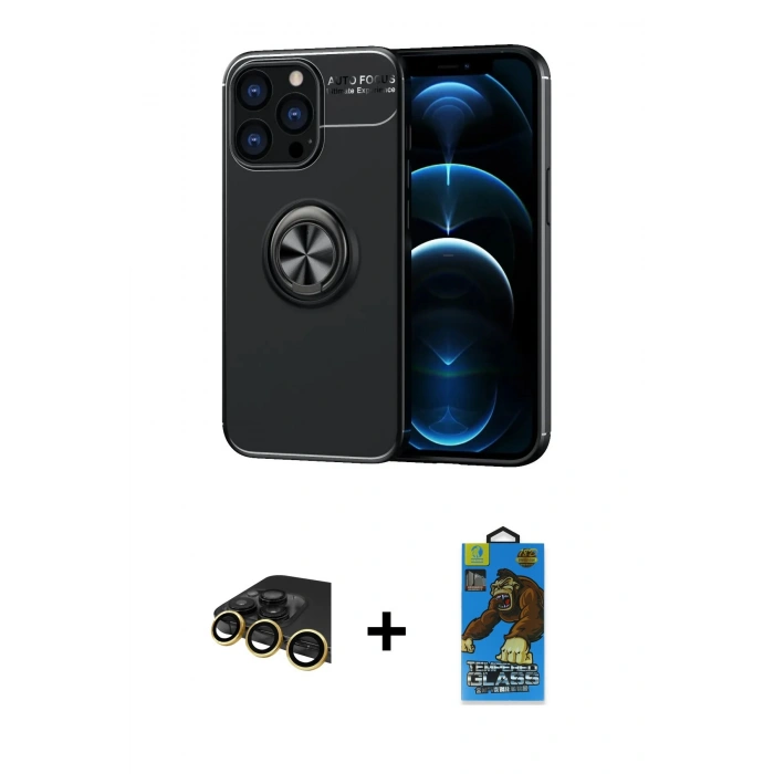 MARSİLYAN™- iPhone 13 Pro Max Kılıf Yankı Form Prime - Siyah 18D Cam Ekran Koruyucu + Raze Metal Kamera Lens - GD