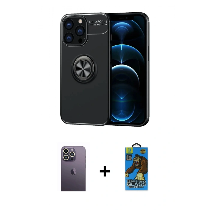 MARSİLYAN™- iPhone 13 Pro Max Kılıf Yankı Form Prime - Siyah 18D Cam Ekran Koruyucu + Neon Fosforlu Kamera Lens - BZ