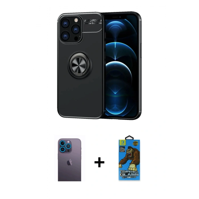 MARSİLYAN™- iPhone 13 Pro Max Kılıf Yankı Form Prime - Siyah 18D Cam Ekran Koruyucu + Neon Fosforlu Kamera Lens - MI