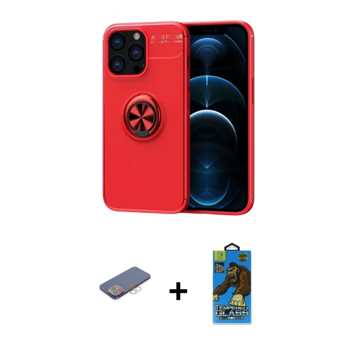 MARSİLYAN™- iPhone 13 Pro Max Kılıf Yankı Form Prime - Siyah 18D Cam Ekran Koruyucu + Pembe Renkli Kamera Lens Koruma Cam