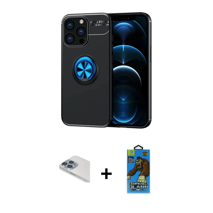 MARSİLYAN™- iPhone 13 Pro Max Kılıf Yankı Form Prime - Siyah 18D Cam Ekran Koruyucu + Pers Alüminyum Kamera Lens - SABE