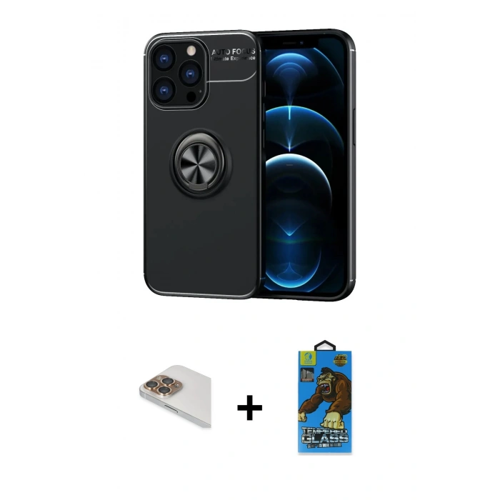MARSİLYAN™- iPhone 13 Pro Max Kılıf Yankı Form Prime - Siyah 18D Cam Ekran Koruyucu + Pers Alüminyum Kamera Lens - GD