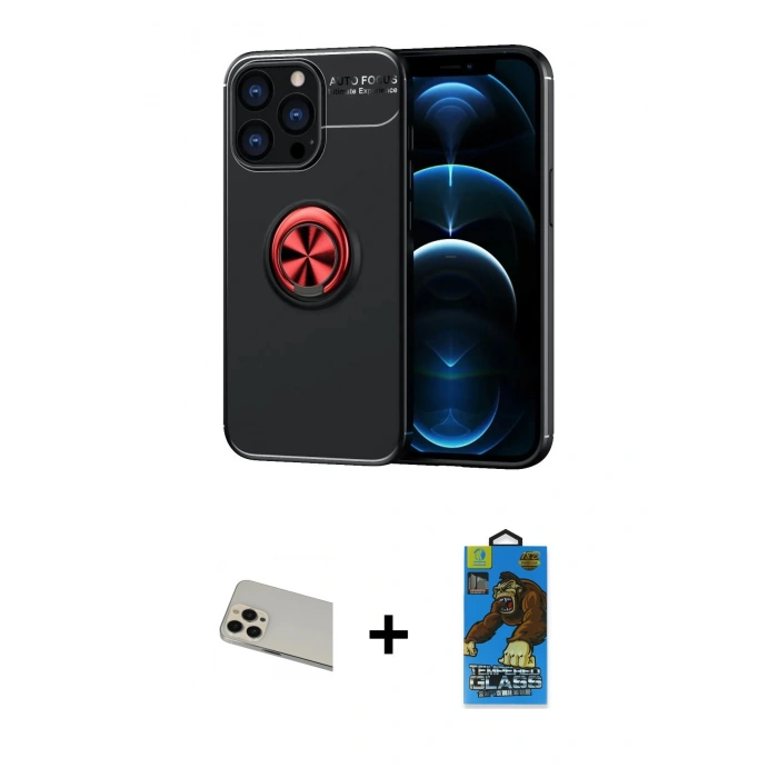 MARSİLYAN™- iPhone 13 Pro Max Kılıf Yankı Form Prime - Siyah 18D Cam Ekran Koruyucu + Rainbow Kamera Lens Koruma Cam - REGD
