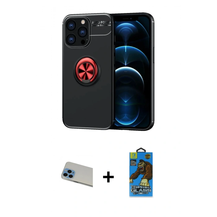 MARSİLYAN™- iPhone 13 Pro Max Kılıf Yankı Form Prime - Siyah 18D Cam Ekran Koruyucu + Rainbow Kamera Lens Koruma Cam - MI