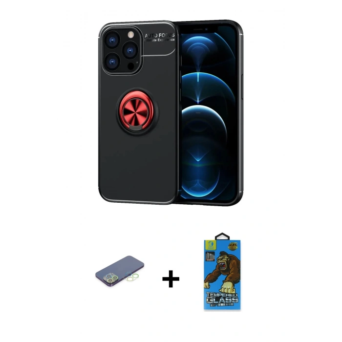 MARSİLYAN™- iPhone 13 Pro Max Kılıf Yankı Form Prime - Siyah 18D Cam Ekran Koruyucu + Renkli Kamera Lens Koruma Cam - YL