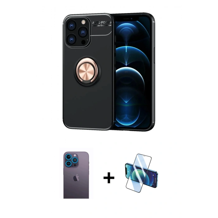 MARSİLYAN™- iPhone 13 Pro Max Kılıf Yankı Form Prime - Siyah 3D Antistatik Cam Ekran Koruyucu + Neon Fosforlu Kamera Lens - MI
