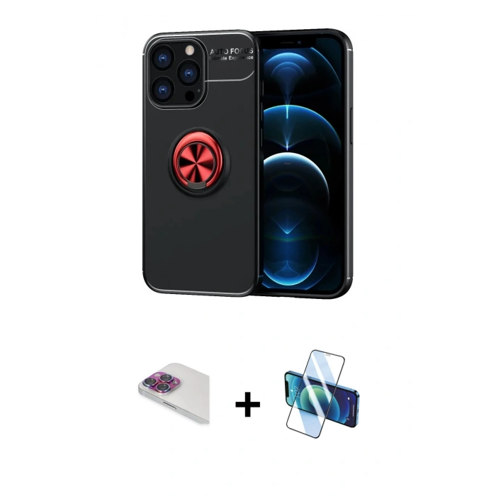 MARSİLYAN™- iPhone 13 Pro Max Kılıf Yankı Form Prime - Siyah 3D Antistatik Cam Ekran Koruyucu + Pers Alüminyum Kamera Lens - GI