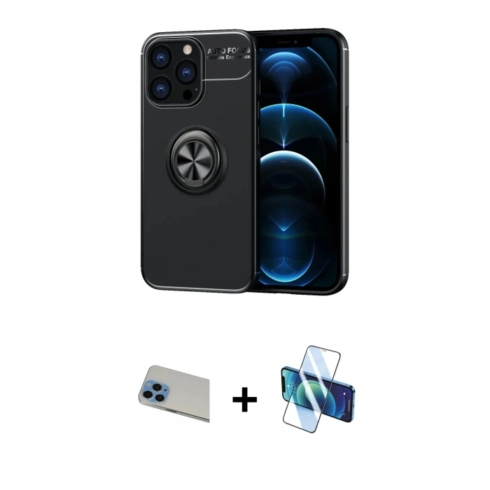 MARSİLYAN™- iPhone 13 Pro Max Kılıf Yankı Form Prime - Siyah 3D Antistatik Cam Ekran Koruyucu + Rainbow Kamera Lens Koruma Cam - MI