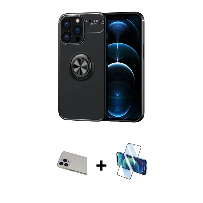 MARSİLYAN™- iPhone 13 Pro Max Kılıf Yankı Form Prime - Siyah 3D Antistatik Cam Ekran Koruyucu + Rainbow Kamera Lens Koruma Cam - MR