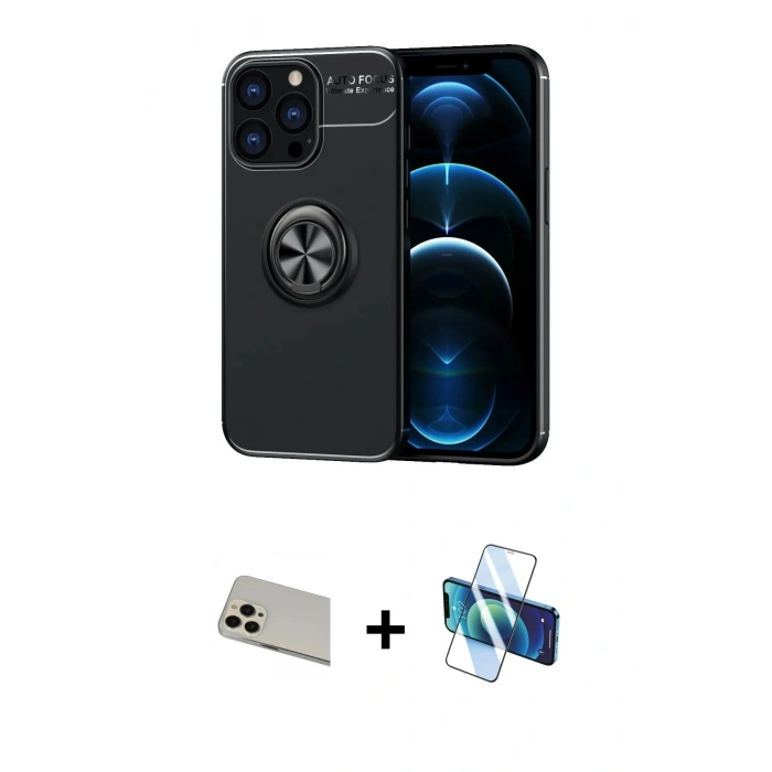 MARSİLYAN™- iPhone 13 Pro Max Kılıf Yankı Form Prime - Siyah 3D Antistatik Cam Ekran Koruyucu + Rainbow Kamera Lens Koruma Cam - REGD