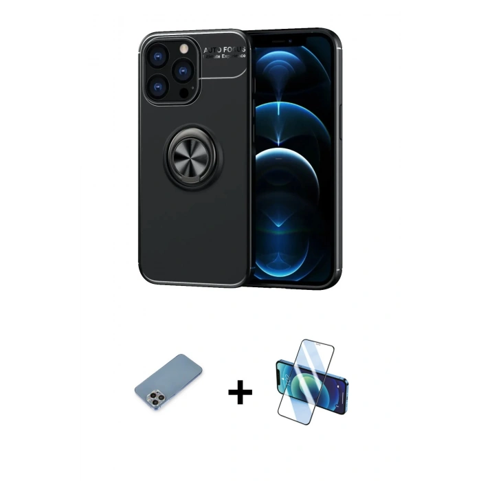 MARSİLYAN™- iPhone 13 Pro Max Kılıf Yankı Form Prime - Siyah 3D Antistatik Cam Ekran Koruyucu + Shine Kamera Lens Koruma Cam - GI