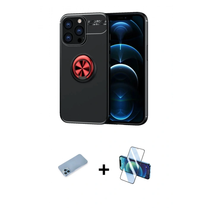 MARSİLYAN™- iPhone 13 Pro Max Kılıf Yankı Form Prime - Siyah 3D Antistatik Cam Ekran Koruyucu + Shine Kamera Lens Koruma Cam - MI