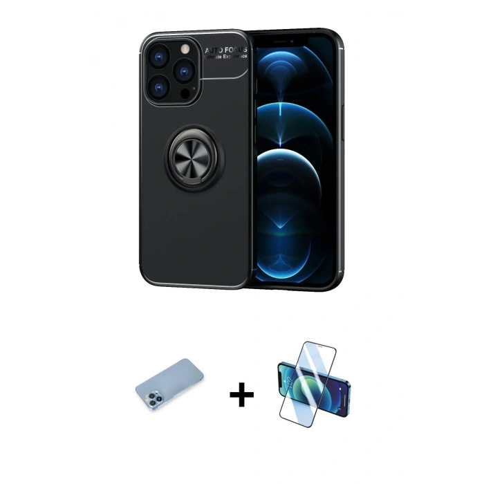 MARSİLYAN™- iPhone 13 Pro Max Kılıf Yankı Form Prime - Siyah 3D Antistatik Cam Ekran Koruyucu + Shine Kamera Lens Koruma Cam - MI