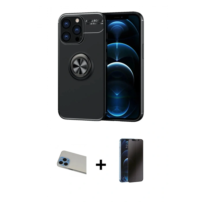 MARSİLYAN™- iPhone 13 Pro Max Kılıf Yankı Form Prime - Siyah 3D Antistatik Hayalet Cam Ekran Koruyucu + Mavi Rainbow Kamera Lens Koruma Cam