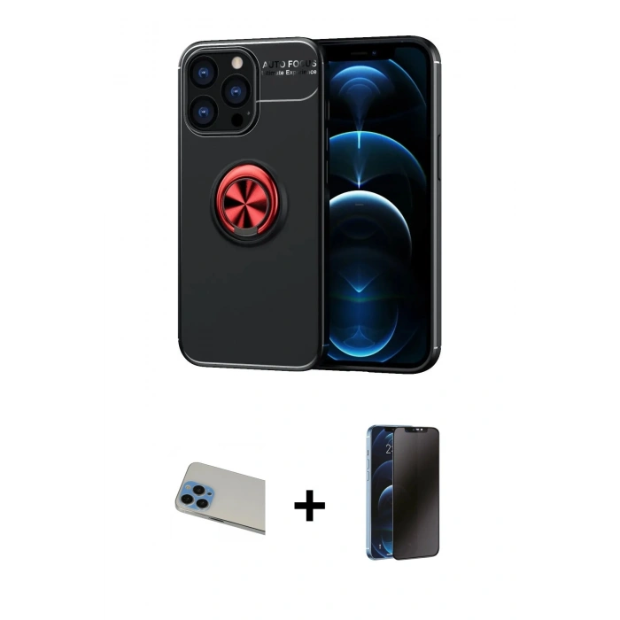 MARSİLYAN™- iPhone 13 Pro Max Kılıf Yankı Form Prime - Siyah 3D Antistatik Hayalet Cam Ekran Koruyucu + Mavi Rainbow Kamera Lens Koruma Cam
