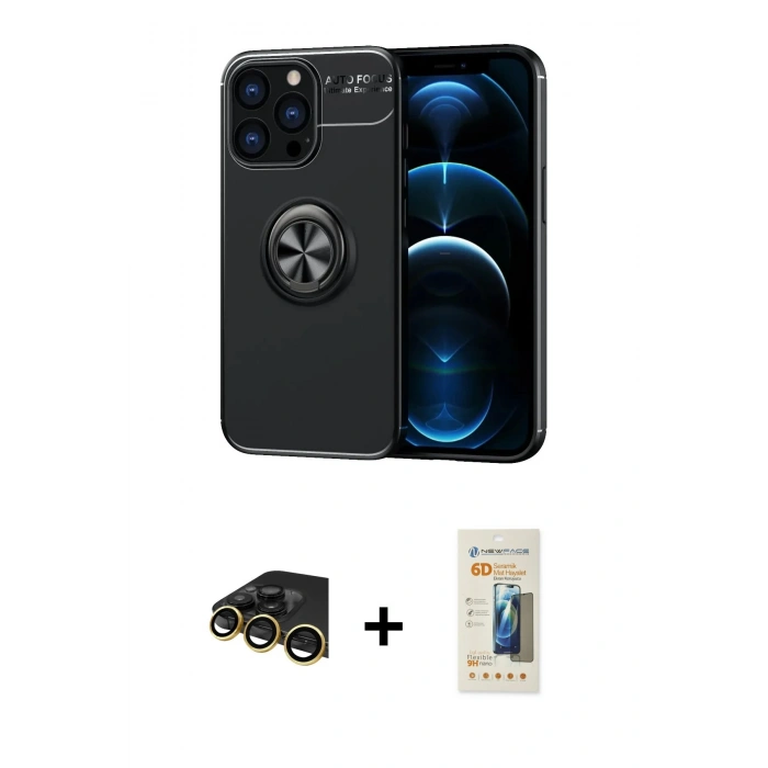 MARSİLYAN™- iPhone 13 Pro Max Kılıf Yankı Form Prime - Siyah 6D Mat Seramik Hayalet Nano Ekran Koruyucu + Raze Metal Kamera Lens - GD
