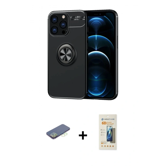 MARSİLYAN™- iPhone 13 Pro Max Kılıf Yankı Form Prime - Siyah 6D Mat Seramik Hayalet Nano Ekran Koruyucu + Renkli Kamera Lens Koruma Cam - YL