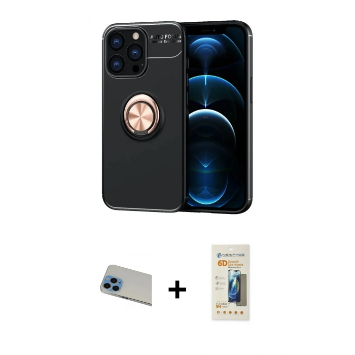 MARSİLYAN™- iPhone 13 Pro Max Kılıf Yankı Form Prime - Siyah 6D Mat Seramik Hayalet Nano Ekran Koruyucu + Rainbow Kamera Lens Koruma Cam - MI