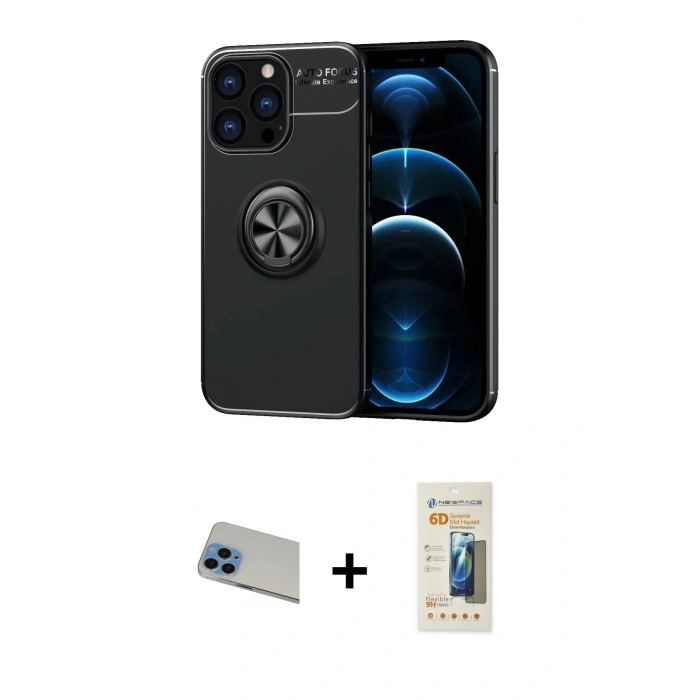 MARSİLYAN™- iPhone 13 Pro Max Kılıf Yankı Form Prime - Siyah 6D Mat Seramik Hayalet Nano Ekran Koruyucu + Rainbow Kamera Lens Koruma Cam - MI