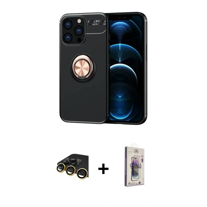 MARSİLYAN™- iPhone 13 Pro Max Kılıf Yankı Form Prime - Siyah Bilvis 3D Cam Ekran Koruyucu + Raze Metal Kamera Lens - GD