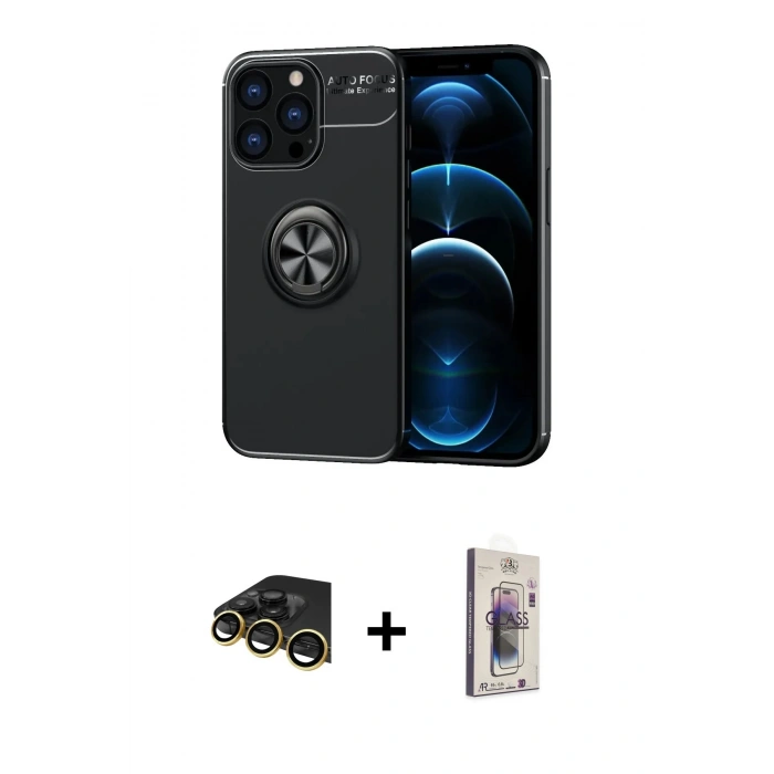 MARSİLYAN™- iPhone 13 Pro Max Kılıf Yankı Form Prime - Siyah Bilvis 3D Cam Ekran Koruyucu + Raze Metal Kamera Lens - GD