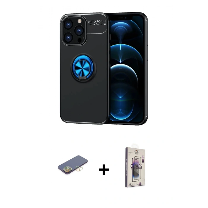 MARSİLYAN™- iPhone 13 Pro Max Kılıf Yankı Form Prime - Siyah Bilvis 3D Cam Ekran Koruyucu + Renkli Kamera Lens Koruma Cam - SI