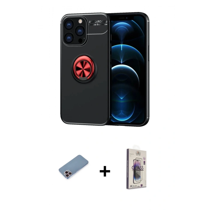 MARSİLYAN™- iPhone 13 Pro Max Kılıf Yankı Form Prime - Siyah Bilvis 3D Cam Ekran Koruyucu + Shine Kamera Lens Koruma Cam - PE