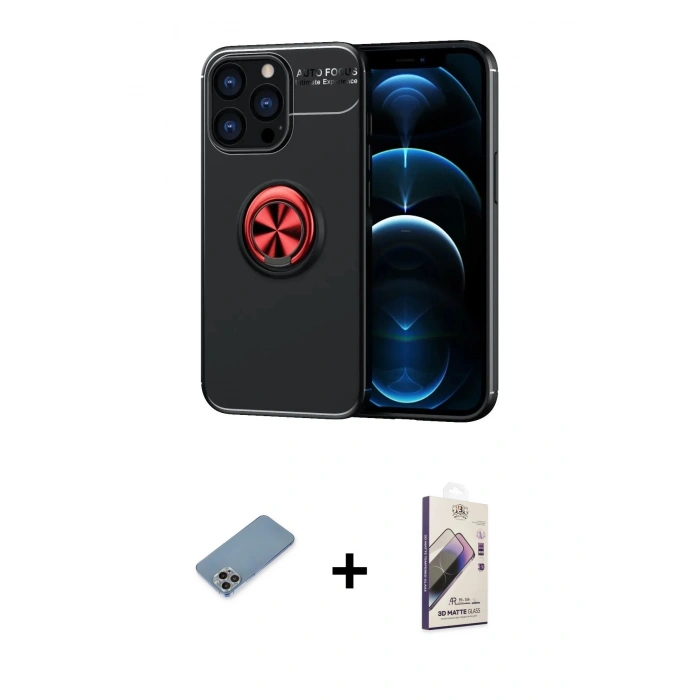 MARSİLYAN™- iPhone 13 Pro Max Kılıf Yankı Form Prime - Siyah Bilvis 3D Mat Cam Ekran Koruyucu + Shine Kamera Lens Koruma Cam - GI