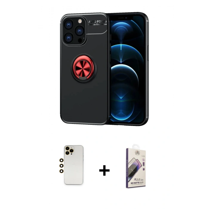 MARSİLYAN™- iPhone 13 Pro Max Kılıf Yankı Form Prime - Siyah Bilvis 3D Mat Cam Ekran Koruyucu + Gold Shine Kamera Lens