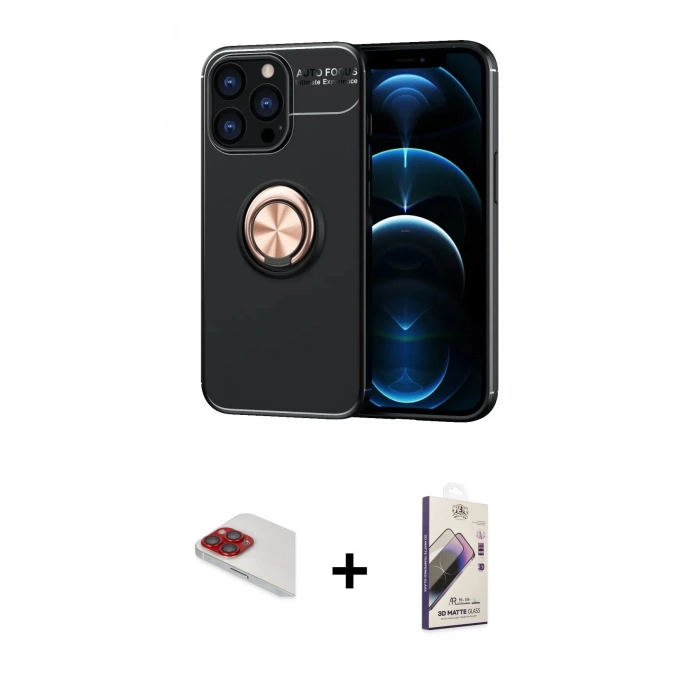 MARSİLYAN™- iPhone 13 Pro Max Kılıf Yankı Form Prime - Siyah Bilvis 3D Mat Cam Ekran Koruyucu + Kırmızı Pers Alüminyum Kamera Lens