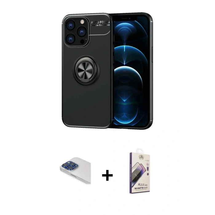 MARSİLYAN™- iPhone 13 Pro Max Kılıf Yankı Form Prime - Siyah Bilvis 3D Mat Cam Ekran Koruyucu + Lacivert Pers Alüminyum Kamera Lens
