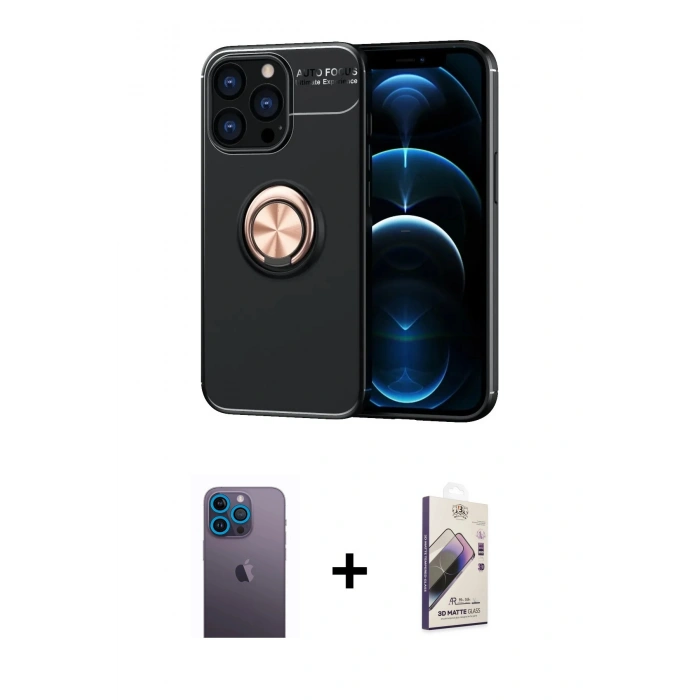 MARSİLYAN™- iPhone 13 Pro Max Kılıf Yankı Form Prime - Siyah Bilvis 3D Mat Cam Ekran Koruyucu + Neon Fosforlu Kamera Lens - MI