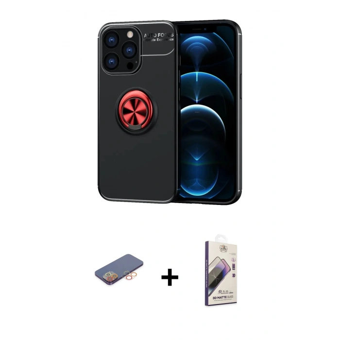 MARSİLYAN™- iPhone 13 Pro Max Kılıf Yankı Form Prime - Siyah Bilvis 3D Mat Cam Ekran Koruyucu + Renkli Kamera Lens Koruma Cam - TU
