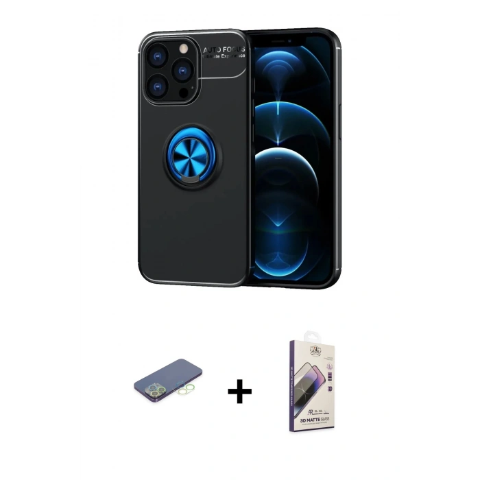 MARSİLYAN™- iPhone 13 Pro Max Kılıf Yankı Form Prime - Siyah Bilvis 3D Mat Cam Ekran Koruyucu + Renkli Kamera Lens Koruma Cam - YL