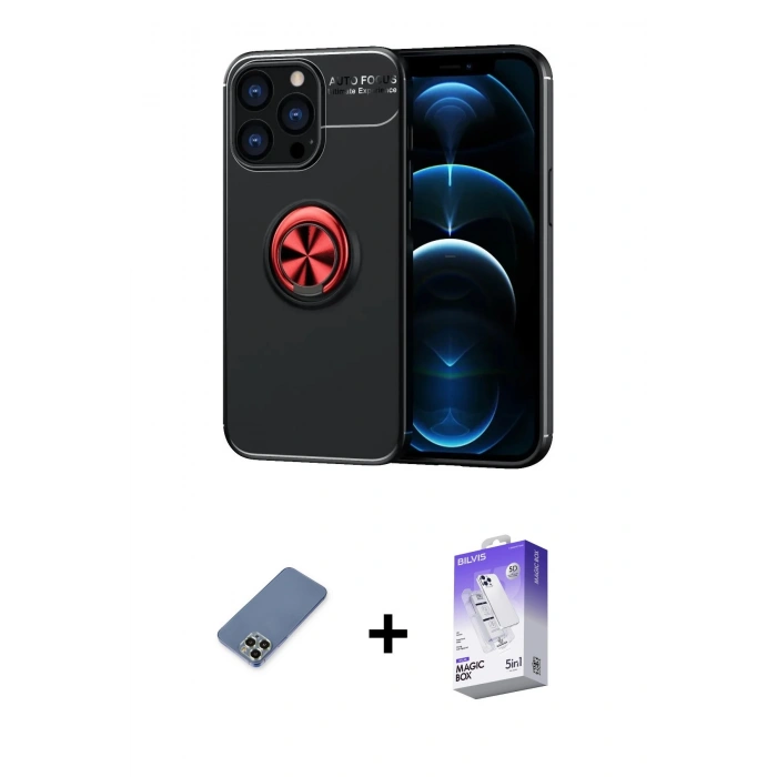 MARSİLYAN™- iPhone 13 Pro Max Kılıf Yankı Form Prime - Siyah Bilvis 5in1 3D Magic Cam Ekran Koruyucu + Açık Yeşil Metal Kamera Lens Koruma Cam