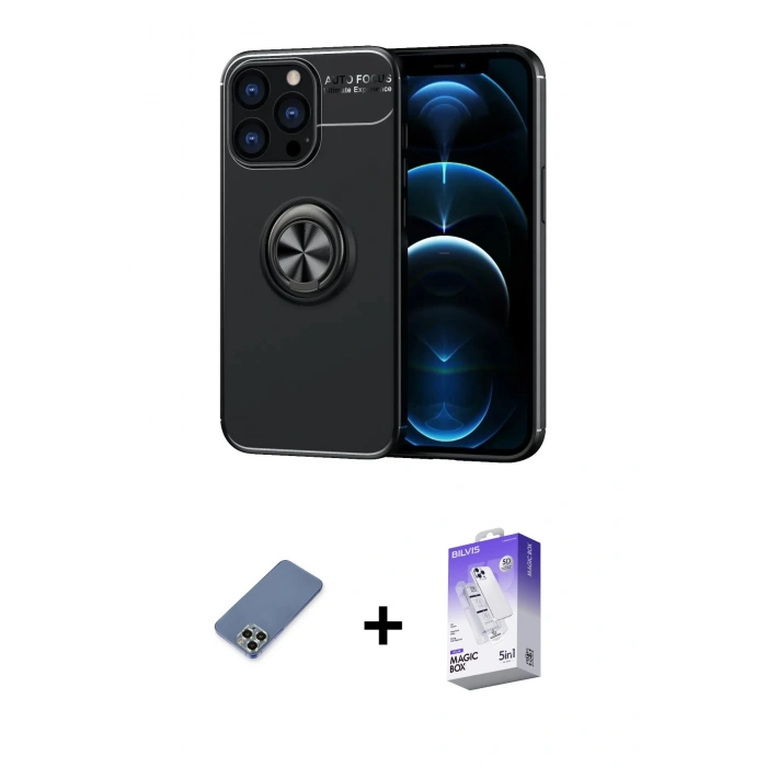 MARSİLYAN™- iPhone 13 Pro Max Kılıf Yankı Form Prime - Siyah Bilvis 5in1 3D Magic Cam Ekran Koruyucu + Açık Yeşil Metal Kamera Lens Koruma Cam