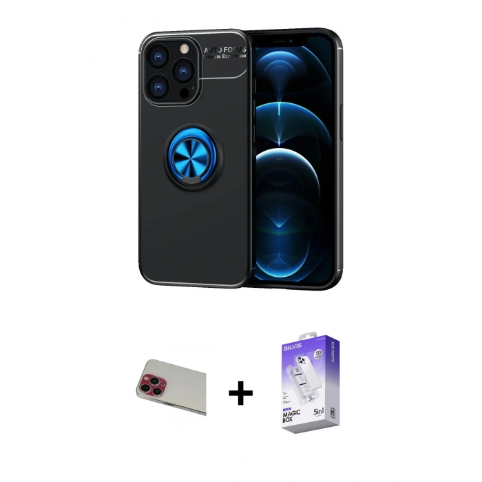 MARSİLYAN™- iPhone 13 Pro Max Kılıf Yankı Form Prime - Siyah Bilvis 5in1 3D Magic Cam Ekran Koruyucu + Rainbow Kamera Lens Koruma Cam - KI