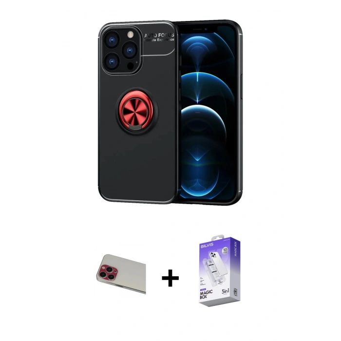 MARSİLYAN™- iPhone 13 Pro Max Kılıf Yankı Form Prime - Siyah Bilvis 5in1 3D Magic Cam Ekran Koruyucu + Rainbow Kamera Lens Koruma Cam - KI