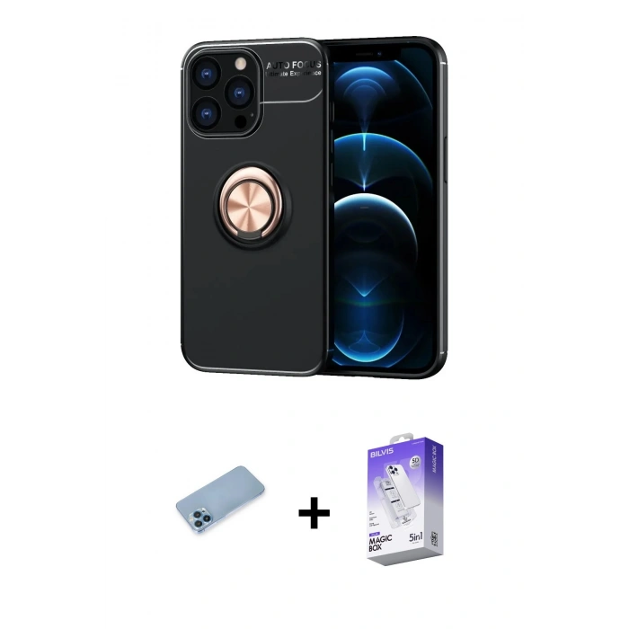 MARSİLYAN™- iPhone 13 Pro Max Kılıf Yankı Form Prime - Siyah Bilvis 5in1 3D Magic Cam Ekran Koruyucu + Shine Kamera Lens Koruma Cam - MI